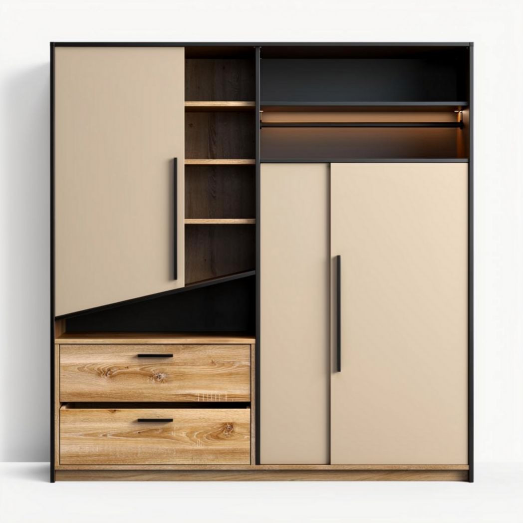 Modern wooden wardrobe with sliding doors and open shelves 160 x 40 x 190cm