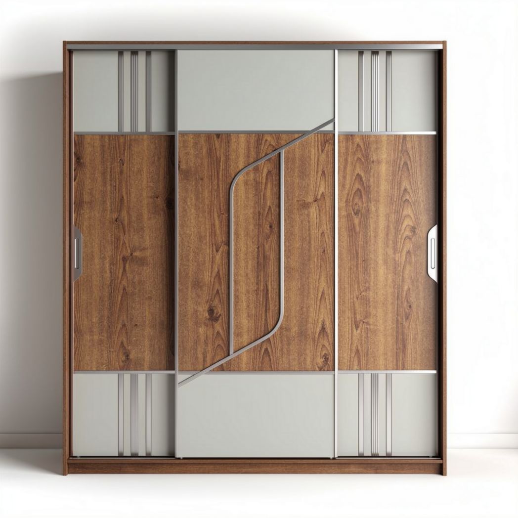 Sliding wardrobe with wooden finish and metal accents 200 x 20 x 150cm