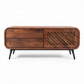 Walnut wood coffee table with storage drawers and woven panel design