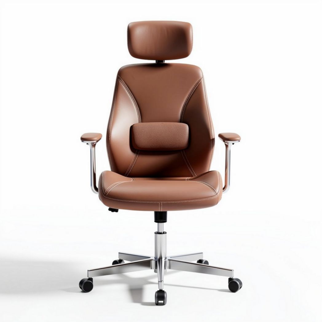 Brown leather ergonomic office chair with adjustable headrest and lumbar support