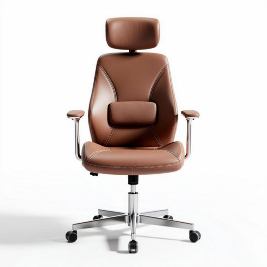 Brown leather ergonomic office chair with adjustable headrest and lumbar support