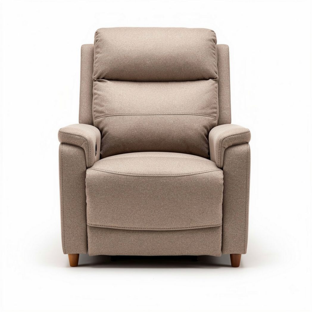 Recliner chair in beige fabric with modern design and wood legs 80 x 85 x 100cm