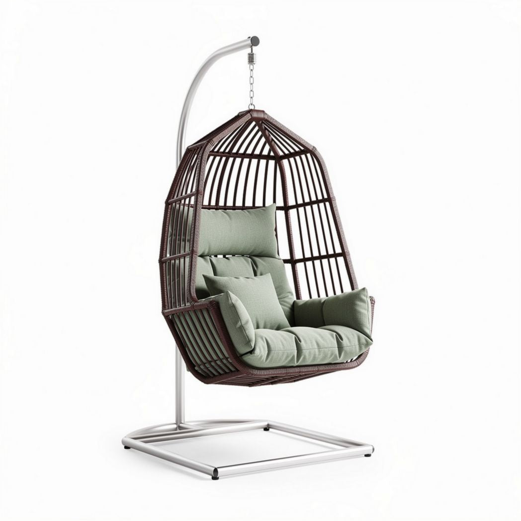 Hanging egg chair with cushion for indoor and outdoor use in brown and green 100 x 80 x 120cm