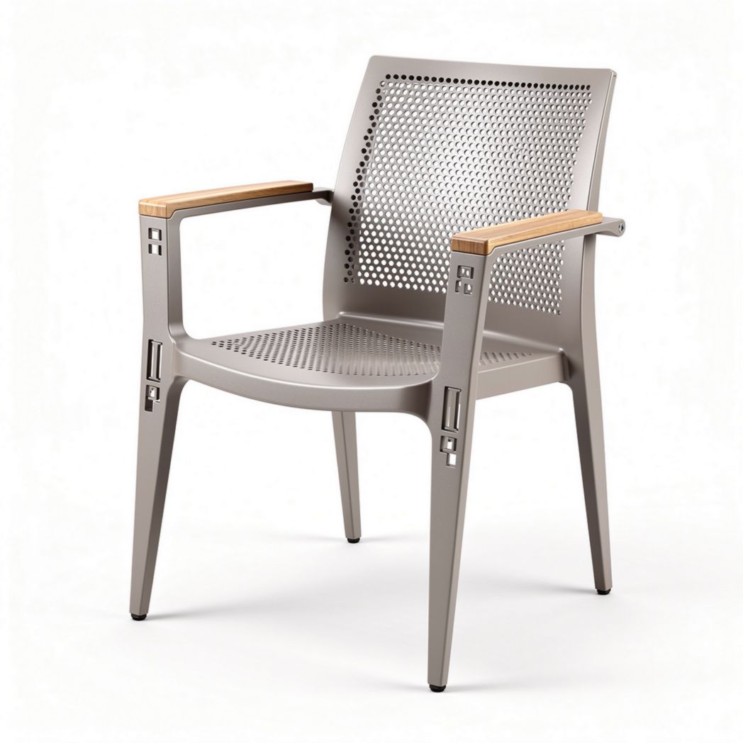 Metal outdoor chair with wooden armrests and perforated design 60 x 55 x 85cm